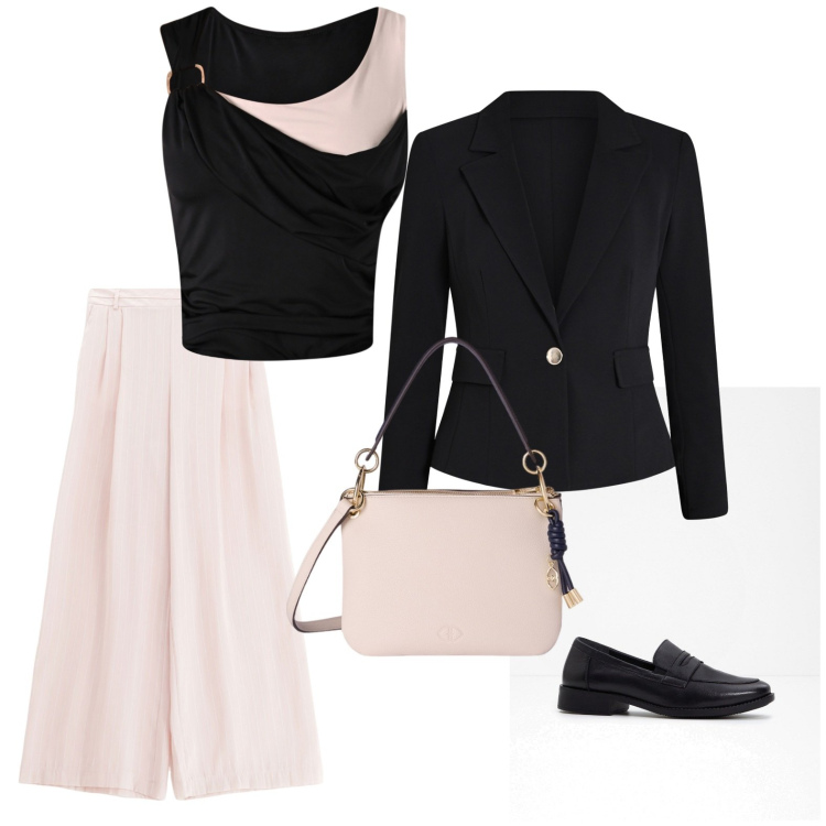 Outfit donna - Casual chic primaverile. Stile Casual chic per Tutti i giorni. Abbinamento con mocassini, blazer, top, pantaloni a palazzo, borse a tracolla.