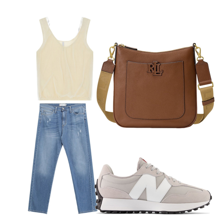 Outfit donna - Aperitivo. Stile Trendy per Tutti i giorni. Abbinamento con sneakers, jeans strappati, top, borse a tracolla.