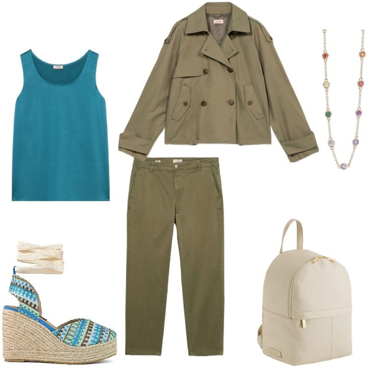 Outfit donna - Comoda armonia. Stile Casual chic per Tutti i giorni. Abbinamento con collane, zeppe, trench, pantaloni chino, top, zaini.