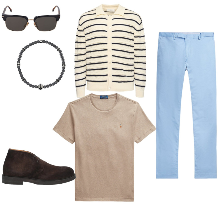 Outfit uomo - Trendy urban. Stile Trendy Abbinamento con stivali e stivaletti, braccialetti, pantaloni chino, t-shirt, occhiali da sole, cardigans.