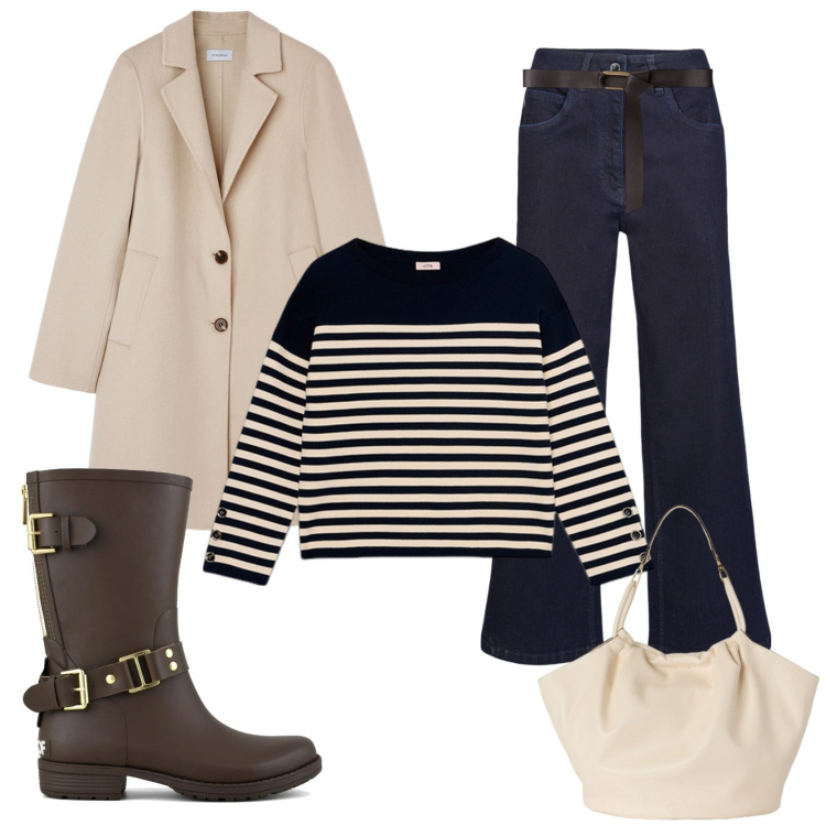 Outfit donna - Arriva l\'autunno. Stile Casual chic per Tutti i giorni. Abbinamento con stivali, maglieria, pantaloni, cappotti, borse a secchiello, cinture.