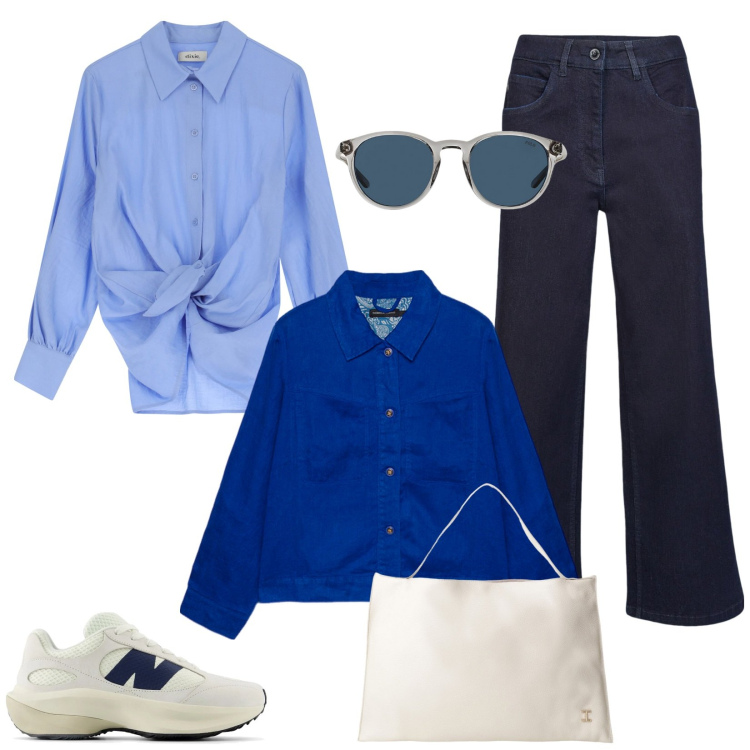 Outfit donna - Casual per lo shopping. Stile Casual per Tutti i giorni. Abbinamento con sneakers, borse a spalla, occhiali da sole, camicie, blazer, pantaloni.