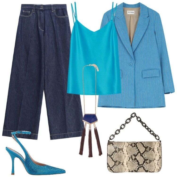 Outfit donna - Azzurro di sera. Stile Casual chic per Serata fuori. Abbinamento con décolleté, jeans, blazer, top, borse a tracolla, ciondoli.