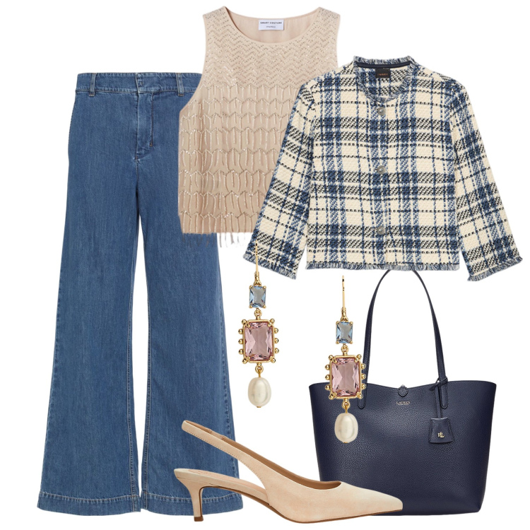 Outfit donna - Il giacchino in tweed H24. Stile Casual chic per Tutti i giorni. Abbinamento con décolleté, borse tote, orecchini, jeans, blazer, top.