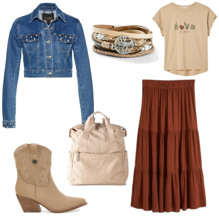 Outfit donna - Primavera boho. Stile Boho per Tutti i giorni. Abbinamento con gonne longuette, braccialetti, zaini, blazer, t-shirt, stivaletti texani.