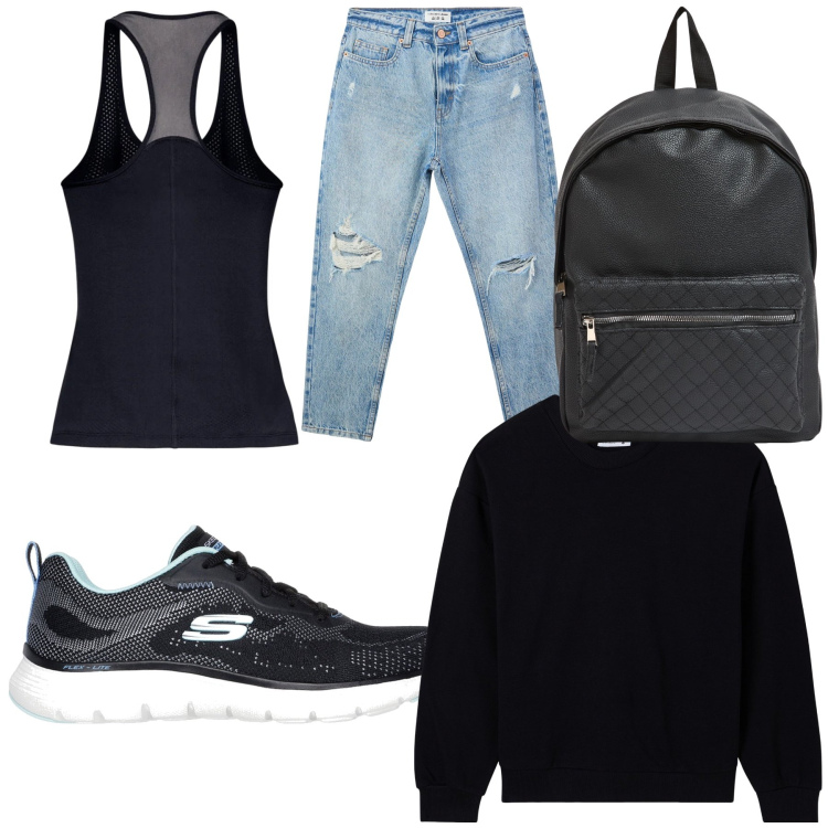 Outfit donna - Mattina dí sport. Stile Basic per Sport. Abbinamento con jeans mom, felpe, zaini, sneakers, canottiere.