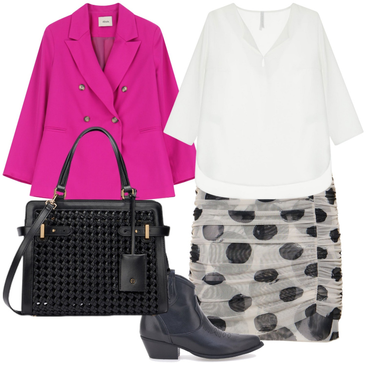 Outfit donna - Pois per l ufficio. Stile Urban per Ufficio. Abbinamento con bluse, blazer, stivaletti texani, borse a mano, minigonne.