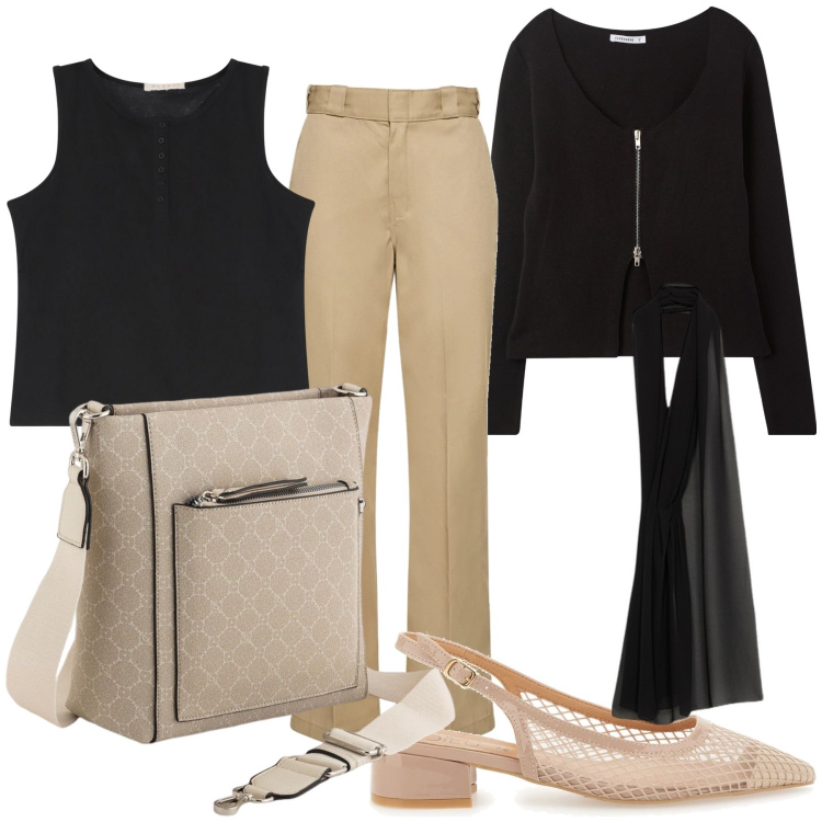 Outfit donna - City. Stile Urban per Tutti i giorni. Abbinamento con cardigans, canottiere, décolleté, borse a tracolla, stole, pantaloni.