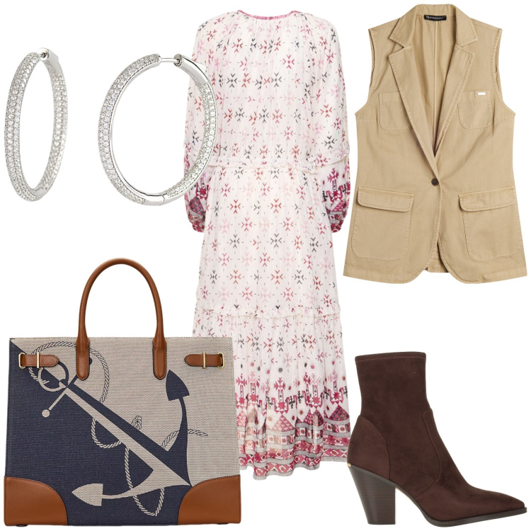 Outfit donna - Ufficio in boho. Stile Boho per Ufficio. Abbinamento con stivaletti texani, orecchini, gilet, borse tote, vestiti midi/longuette.