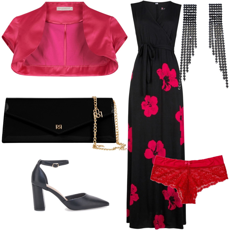 Outfit donna - Papaveri per la sera. Stile Glamour per Serata fuori. Abbinamento con vestiti, culotte, bolero, pochette, orecchini, décolleté.
