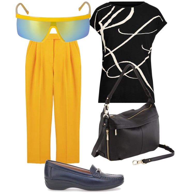 Outfit donna - Commissioni in città. Stile Urban per Tutti i giorni. Abbinamento con maglieria, mocassini, occhiali da sole, borse a tracolla, pantaloni.