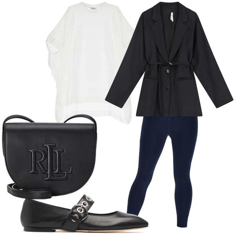 Outfit donna - Leggings da ufficio. Stile Urban per Ufficio. Abbinamento con blazer, t-shirt, pantaloni skinny, borse a tracolla, ballerine.