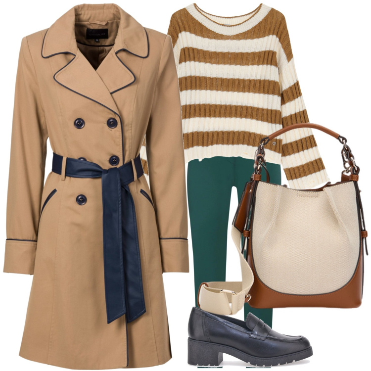 Outfit donna - Oggi in centro. Stile Urban per Tutti i giorni. Abbinamento con trench, pantaloni, maglieria, mocassini, borse a mano.