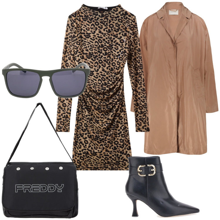 Outfit donna - Pomeriggio incontro amica. Stile Urban per Tutti i giorni. Abbinamento con vestiti lunghi, borse messenger, trench, stivaletti, occhiali da sole.