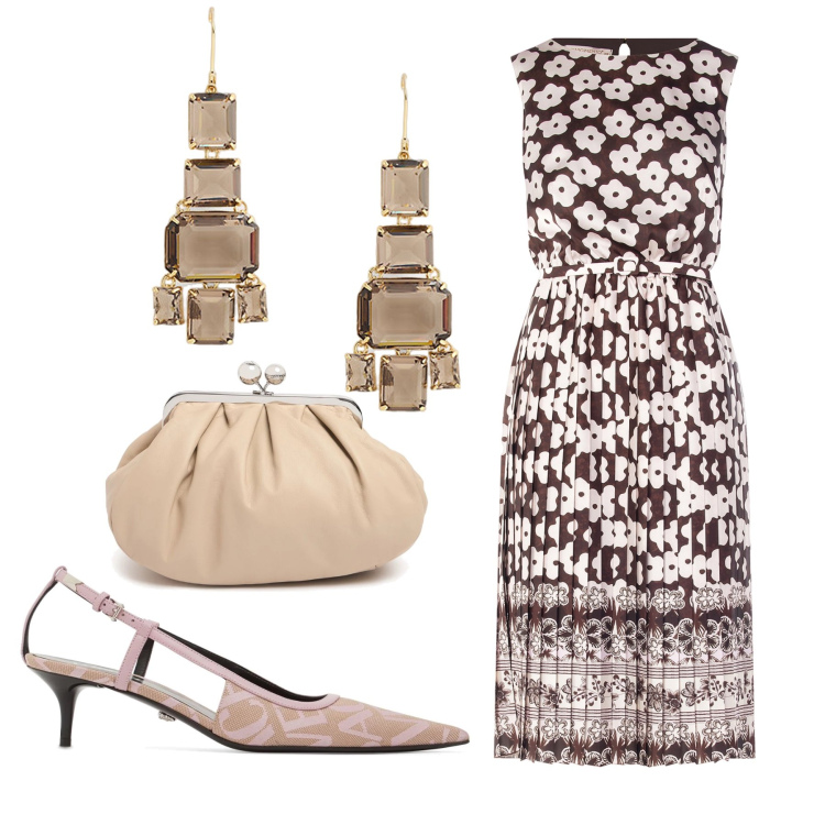 Outfit donna - Total look. Stile Chic per Cerimonia. Abbinamento con vestiti midi/longuette, orecchini, pochette, décolleté.