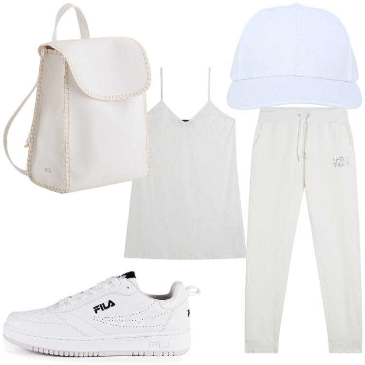 Outfit donna - White. Stile Basic per Tutti i giorni. Abbinamento con cappelli con visiera, pantaloni, vestiti corti, sneakers, zaini.