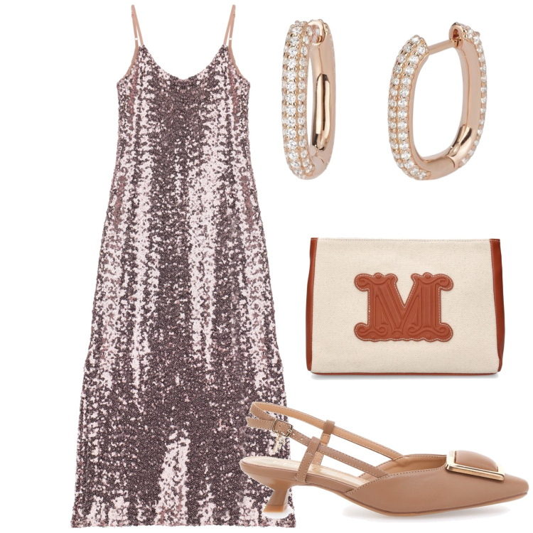 Outfit donna - Luccicante slip dress. Stile Glamour per Serata fuori. Abbinamento con orecchini, vestiti, décolleté, pochette.