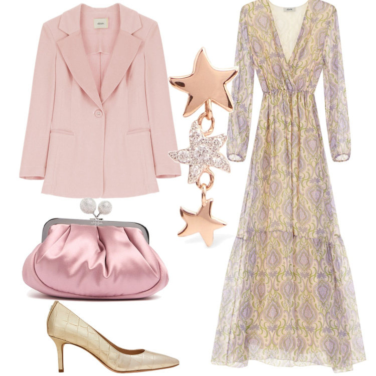 Outfit donna - Romanticismo al matrimonio. Stile Romantica per Cerimonia. Abbinamento con blazer, vestiti lunghi, décolleté, orecchini, pochette.