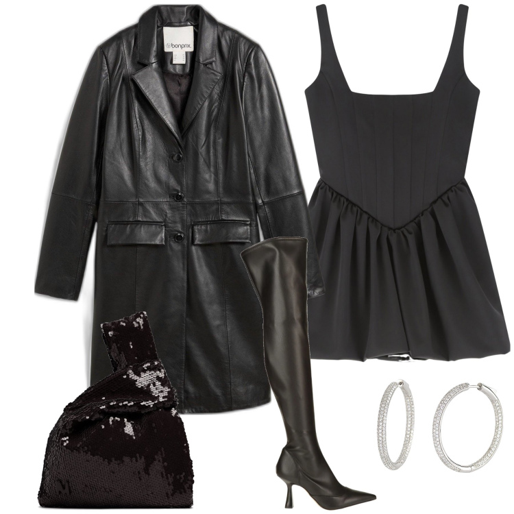 Outfit donna - I m sexy. Stile Rock per Serata fuori. Abbinamento con cappotti, stivali sopra il ginocchio, orecchini, vestiti corti, pochette.