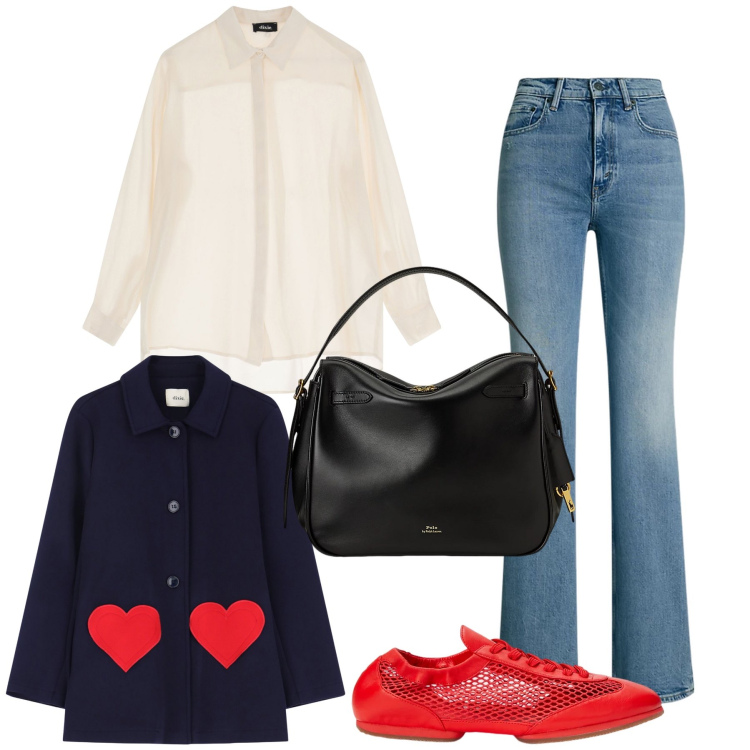 Outfit donna - Città comoda. Stile Trendy per Tutti i giorni. Abbinamento con camicie, cappotti, borse a mano, jeans bootcut, ballerine.