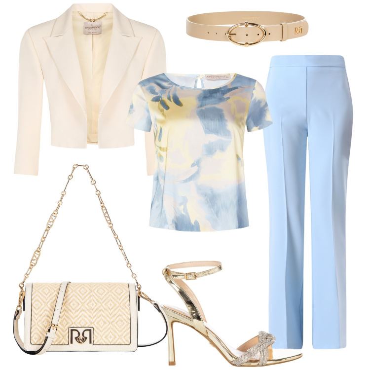 Outfit donna - Colori chiari. Stile Chic per Cerimonia. Abbinamento con bolero, sandali col tacco, borse a tracolla, pantaloni, bluse, cinture.