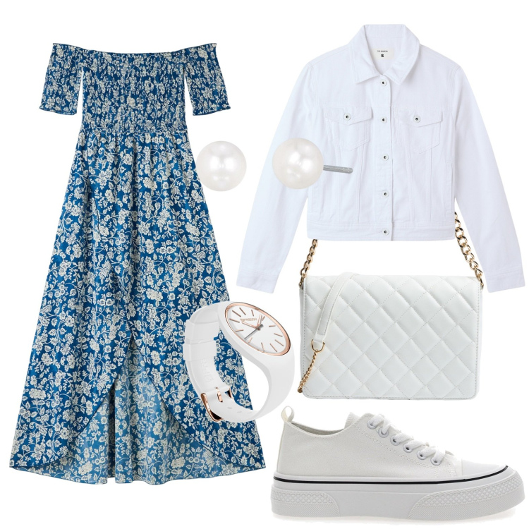 Outfit donna - Fiori bianchi in città. Stile Romantica per Tutti i giorni. Abbinamento con vestiti lunghi, borse a tracolla, blazer, orecchini, orologi, sneakers.