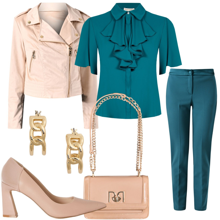Outfit donna - Una rock glamour. Stile Glamour per Tutti i giorni. Abbinamento con bluse, pantaloni, borse a tracolla, giacche, orecchini, décolleté.