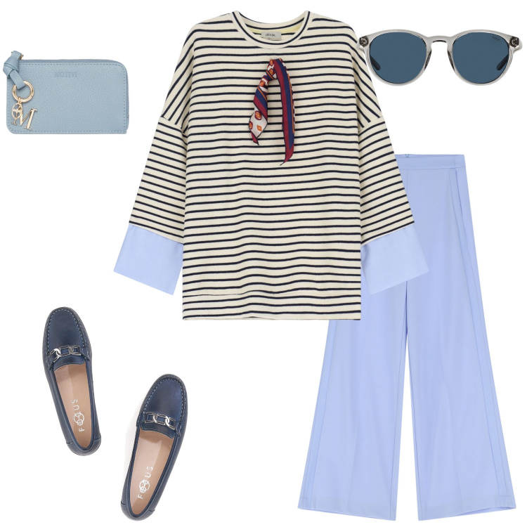 Outfit donna - Viva le righe. Stile Casual per Ufficio. Abbinamento con pantaloni a palazzo, felpe, occhiali da sole, mocassini, portafogli.