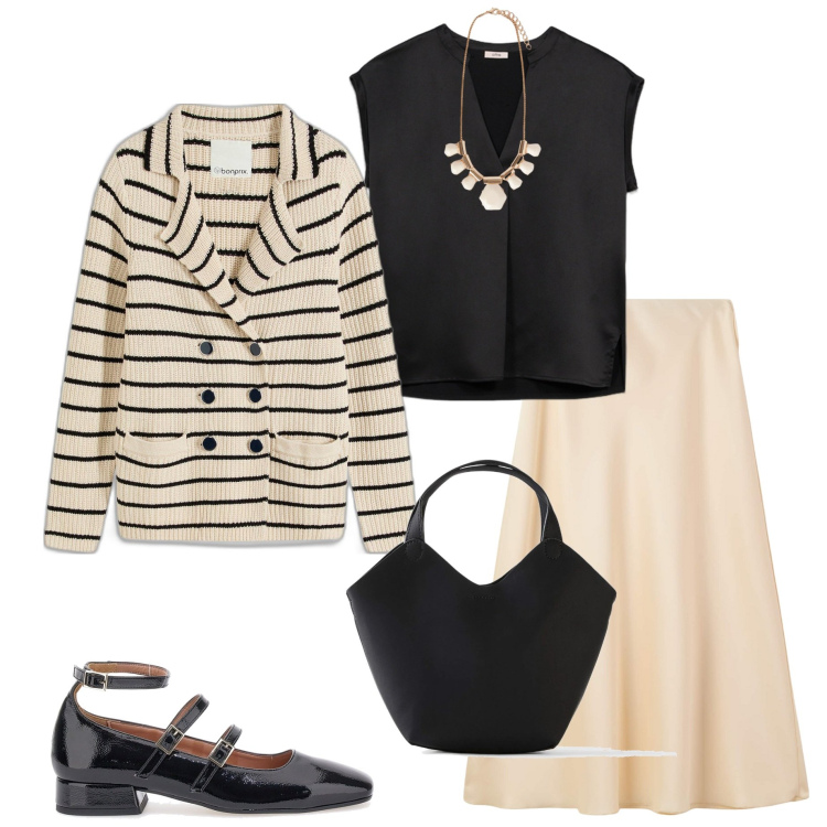 Outfit donna - Viva le righe. Stile Casual chic per Tutti i giorni. Abbinamento con cardigans, borse a mano, gonne lunghe, t-shirt, ballerine, collane.