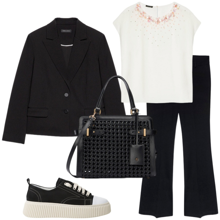 Outfit donna - Total look #2105169. Stile Casual per Ufficio. Abbinamento con sneakers, bluse, blazer, pantaloni, borse a mano.