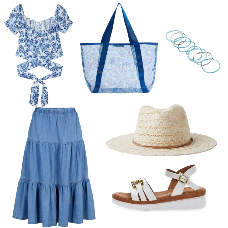 Outfit donna - Passeggiata al mare. Stile Casual per Tutti i giorni. Abbinamento con gonne longuette, braccialetti, bluse, cappelli, shopping bag, sandali.