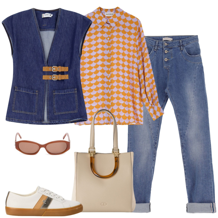 Outfit donna - Il gilet in jeans. Stile Casual per Tutti i giorni. Abbinamento con jeans slim fit, gilet, camicie, sneakers, shopping bag, occhiali da sole.
