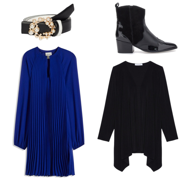 Outfit donna - A cena dalla nonna. Stile Casual chic per Tutti i giorni. Abbinamento con vestiti corti, blazer, stivaletti texani, cinture.