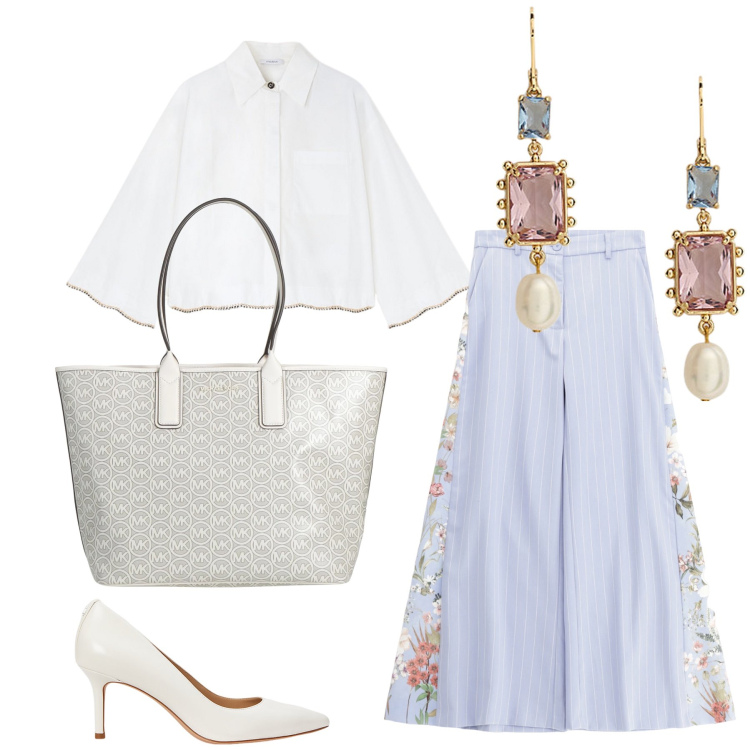 Outfit donna - Romanticismo in pantaloni. Stile Romantica per Ufficio. Abbinamento con borse a mano, pantaloni, décolleté, orecchini, camicie.
