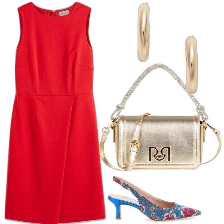 Outfit donna - Red flowers and gold for the city. Stile Chic per Tutti i giorni. Abbinamento con vestiti a tubino, borse a mano, orecchini, décolleté.