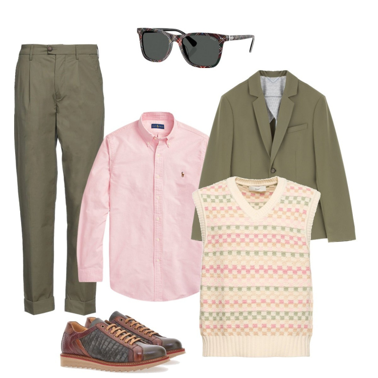 Outfit uomo - Verde oliva per l’ufficio. Stile Trendy per Ufficio. Abbinamento con pantaloni, giacche, camicie, occhiali da sole, scarpe stringate, gilet.