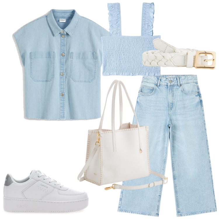 Outfit donna - Azzurro cielo. Stile Casual per Tutti i giorni. Abbinamento con camicie, top, jeans, sneakers, cinture, borse a mano.