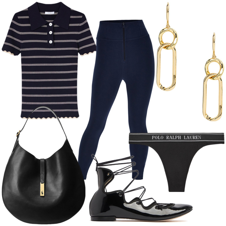 Outfit donna - Total look. Stile Casual chic per Tutti i giorni. Abbinamento con pantaloni skinny, borse a spalla, perizomi, orecchini, ballerine, polo.