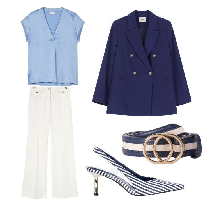 Outfit donna - Molti appuntamenti oggi. Stile Urban per Ufficio. Abbinamento con décolleté, blazer, pantaloni, bluse, cinture.