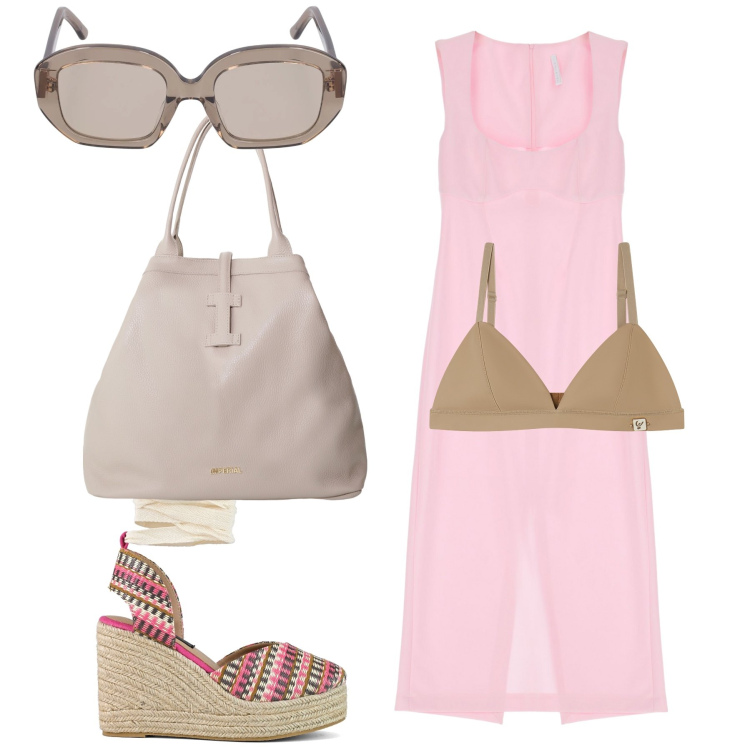 Outfit donna - Sogno d estate. Stile Trendy per Tutti i giorni. Abbinamento con vestiti midi/longuette, borse tote, reggiseni, zeppe, occhiali da sole.