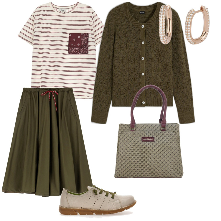 Outfit donna - Lungo mare. per Tutti i giorni. Abbinamento con cardigans, orecchini, gonne longuette, t-shirt, scarpe stringate, borse a spalla.