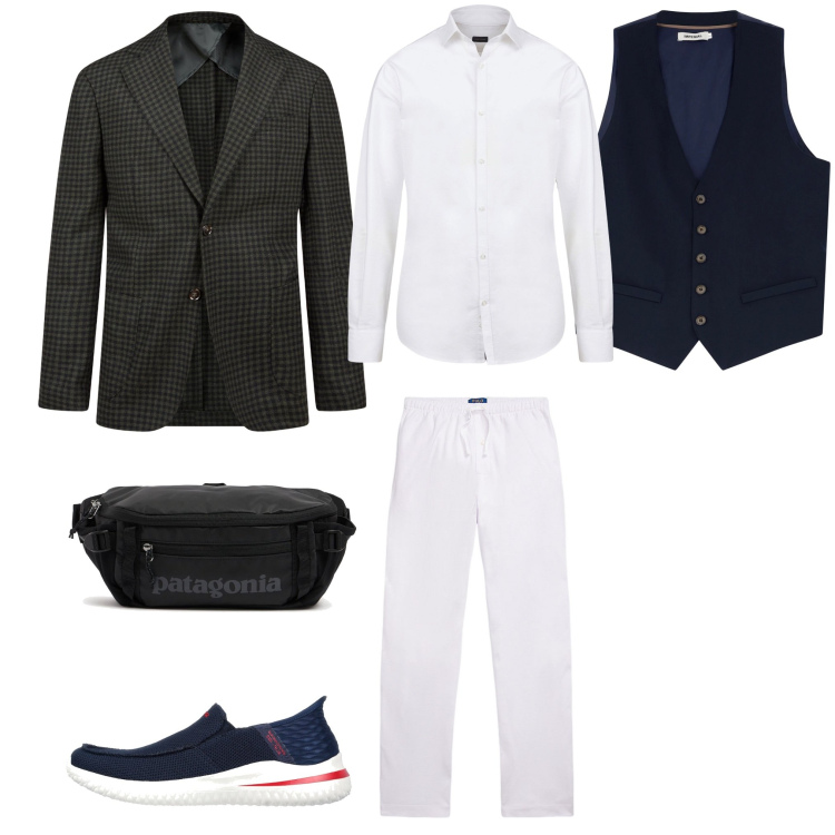 Outfit uomo - ufficio. Stile Business/Elegante per Ufficio. Abbinamento con gilet, pantaloni, giacche, sneakers, camicie, borse sportive.