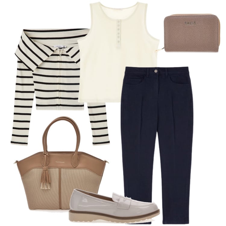 Outfit donna - Il cardigan a righe. Stile Casual chic per Ufficio. Abbinamento con cardigans, canottiere, mocassini, portafogli, pantaloni, borse tote.