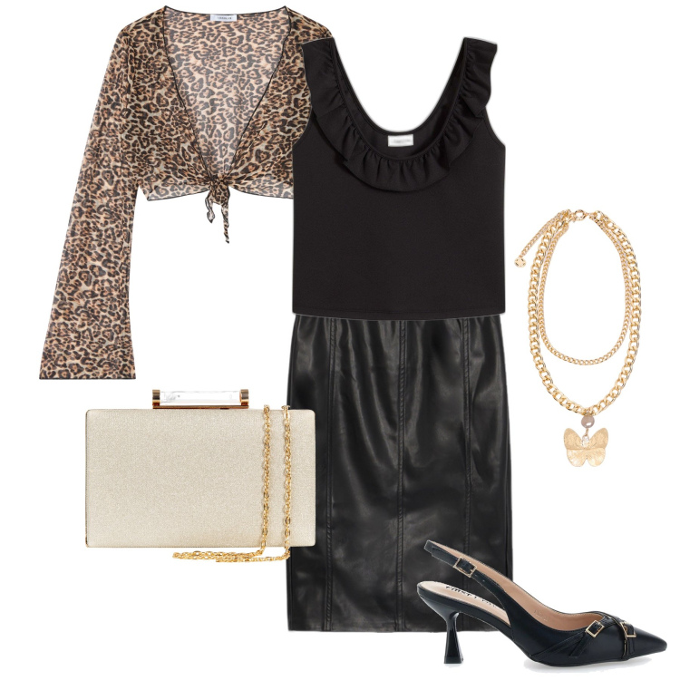 Outfit donna - Il bolero leopardato. Stile Bon Ton per Serata fuori. Abbinamento con top, bolero, clutch, décolleté, gonne, collane.