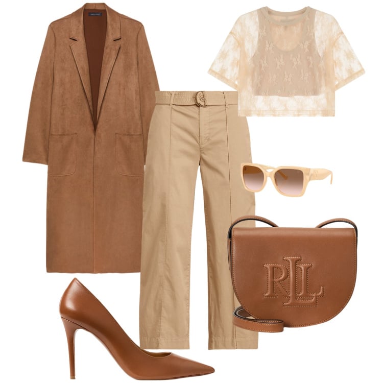 Outfit donna - Sofisticata. Stile Casual chic per Serata fuori. Abbinamento con t-shirt, borse a tracolla, décolleté, occhiali da sole, pantaloni, trench.