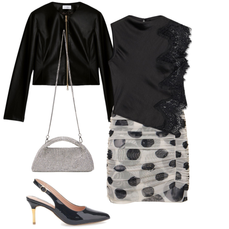 Outfit donna - La gonna a pois. Stile Sexy per Serata fuori. Abbinamento con décolleté, clutch, minigonne, top, blazer.