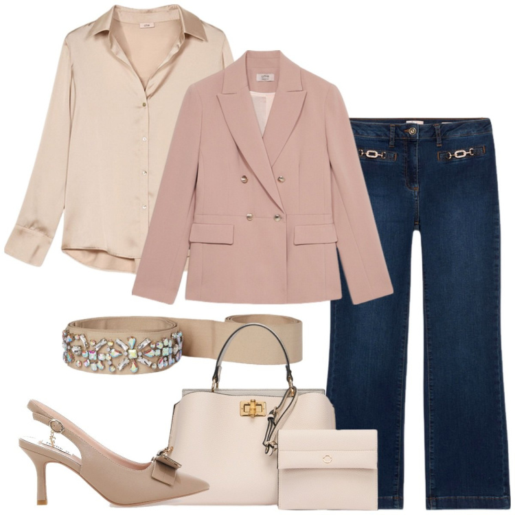 Outfit donna - Elegante in jeans. Stile Mannish per Cerimonia. Abbinamento con cinture, décolleté, blazer, jeans, camicie, borse a mano.