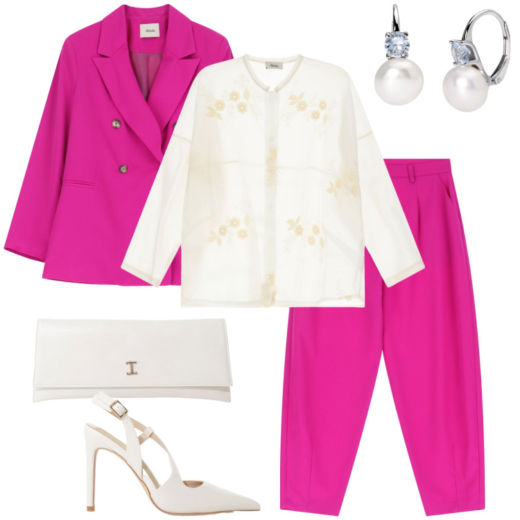 Outfit donna - Tra Dixie e Imperial. Stile Chic per Cerimonia. Abbinamento con orecchini, décolleté, pochette, blazer, camicie, pantaloni.