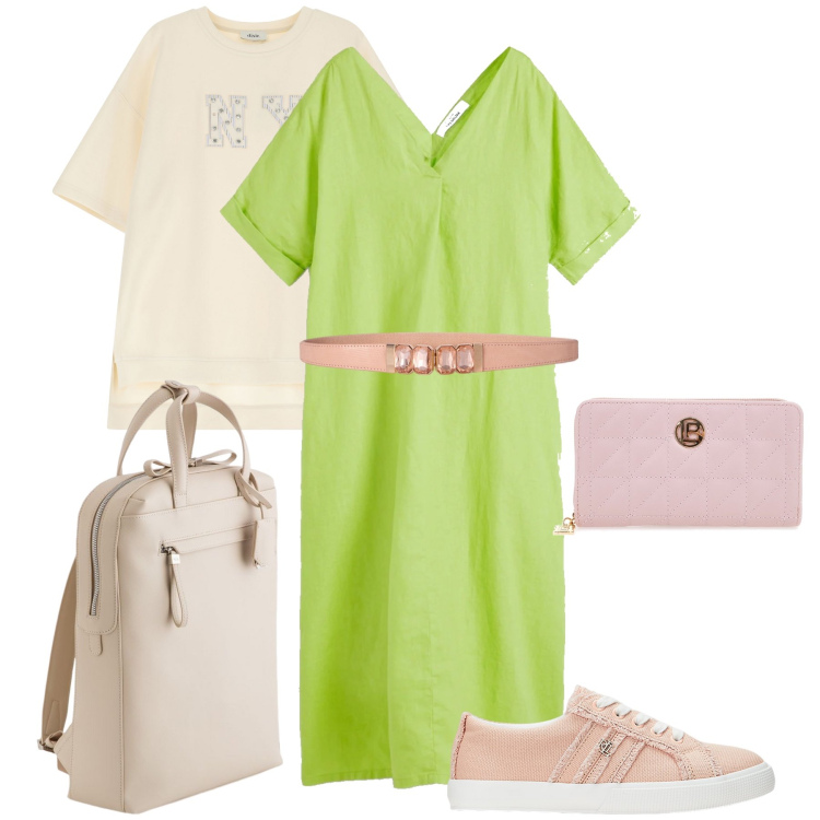 Outfit donna - L’abito verde acido. Stile Sporty chic per Tutti i giorni. Abbinamento con caftani, felpe, sneakers, portafogli, cinture, zaini.