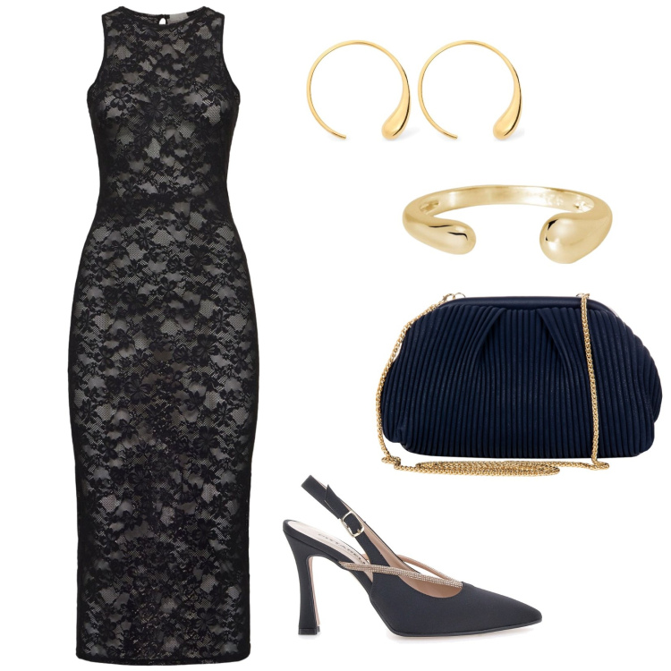 Outfit donna - Chic. Stile Chic per Cerimonia. Abbinamento con anelli, pochette, décolleté, vestiti midi/longuette, orecchini.